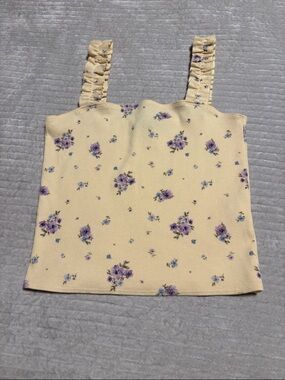 Forever 21 Cream Ribbed Floral Tank with Purple and Blue Blooms